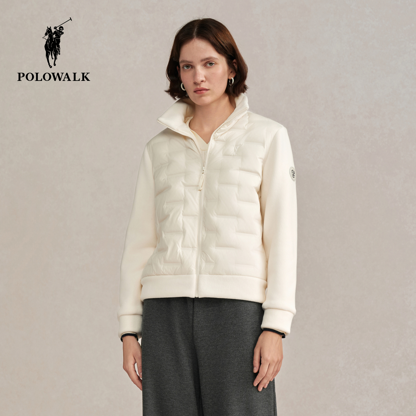 【90鹅绒】POLOWALK女式外套2025冬季新品韩版拼接保暖立领上衣女