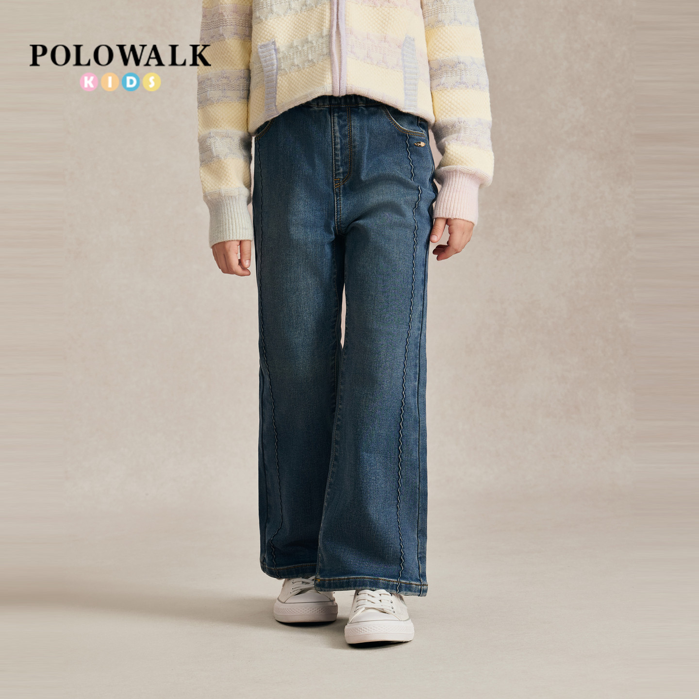 POLOWALK女童牛仔裤2026秋季新品波浪绣花时尚设计松紧腰喇叭裤