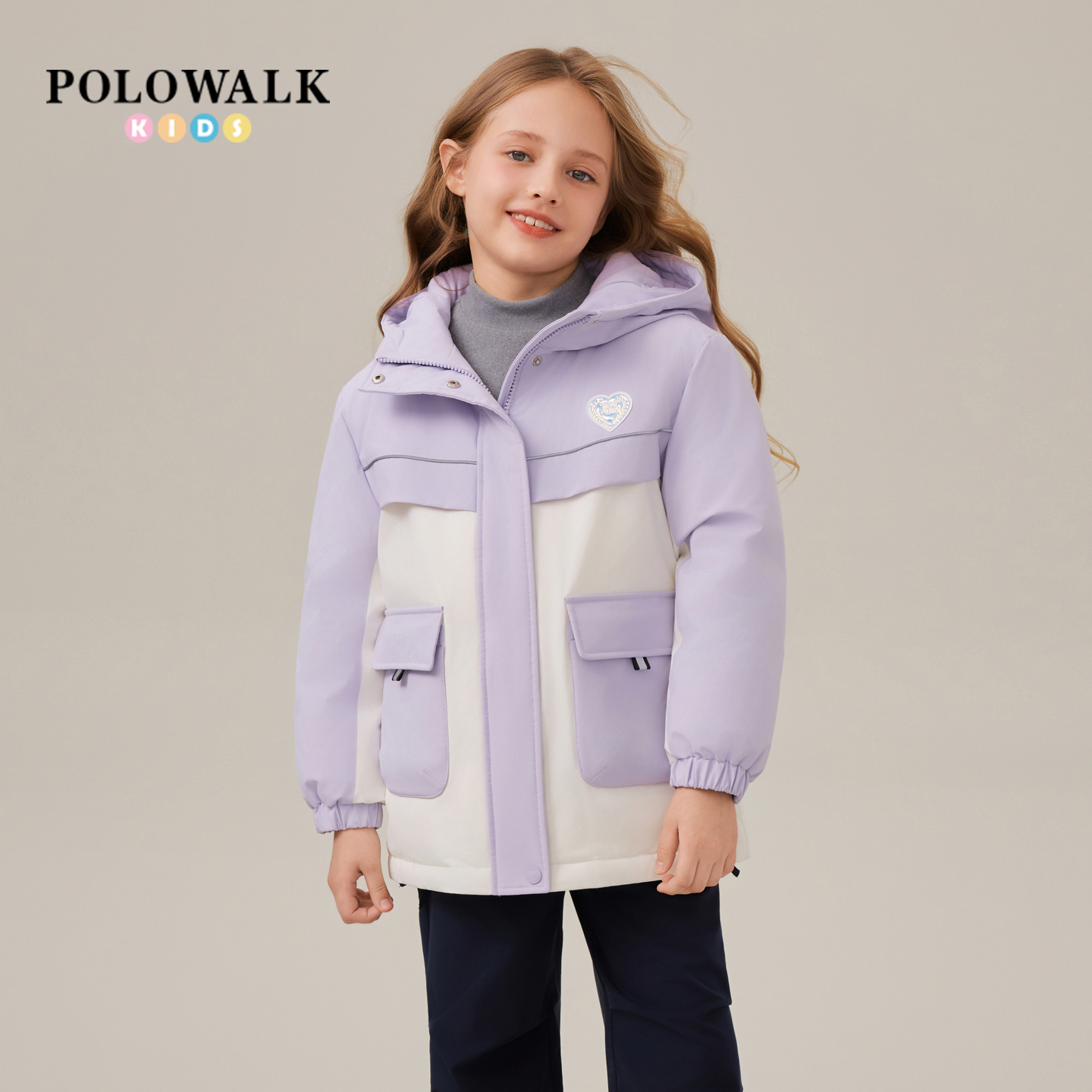 POLOWALK童装女童羽绒服2025冬季新品时尚撞色90鸭绒连帽羽绒外套