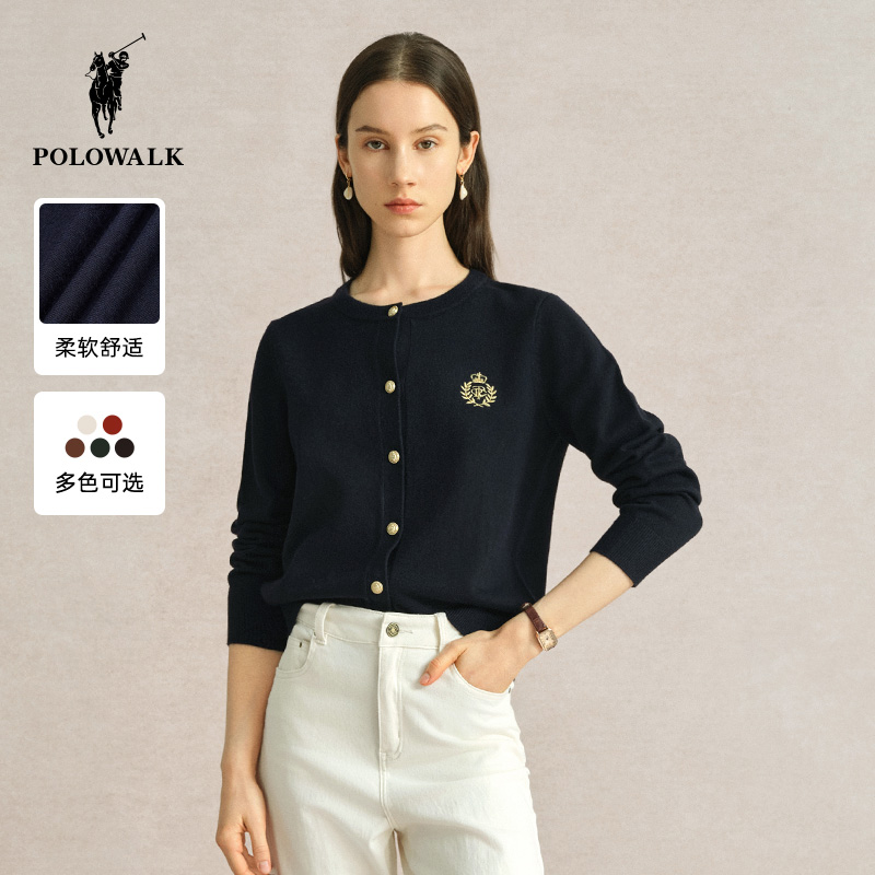 POLOWALK女士针织衫秋冬新款纯色简约百搭圆领长袖开衫女内搭上衣