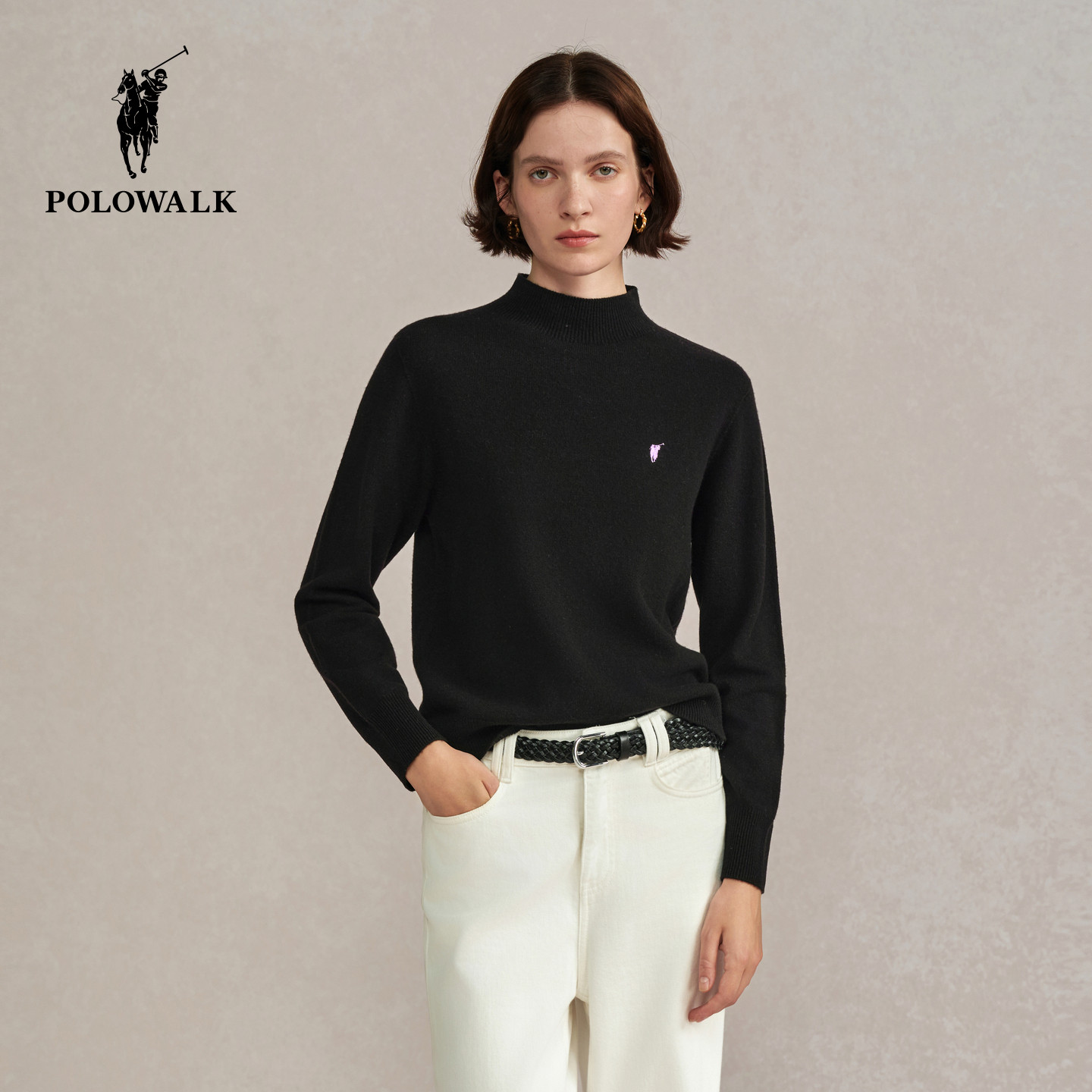 【100%绵羊毛】POLOWALK女式羊毛衫2025冬季新品内搭半高领上衣女