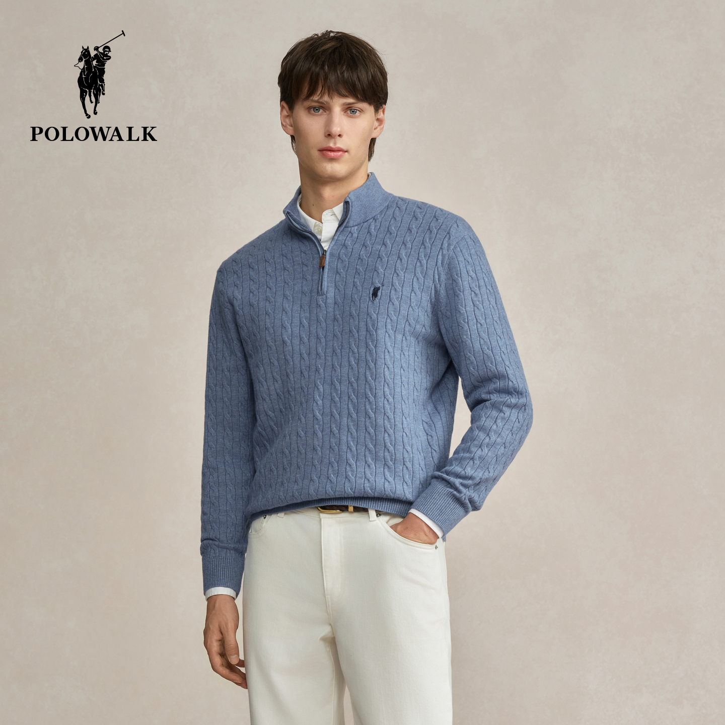 POLOWALK男式针织衫2025秋季新品时尚百搭半拉链立领绞花套头衫男