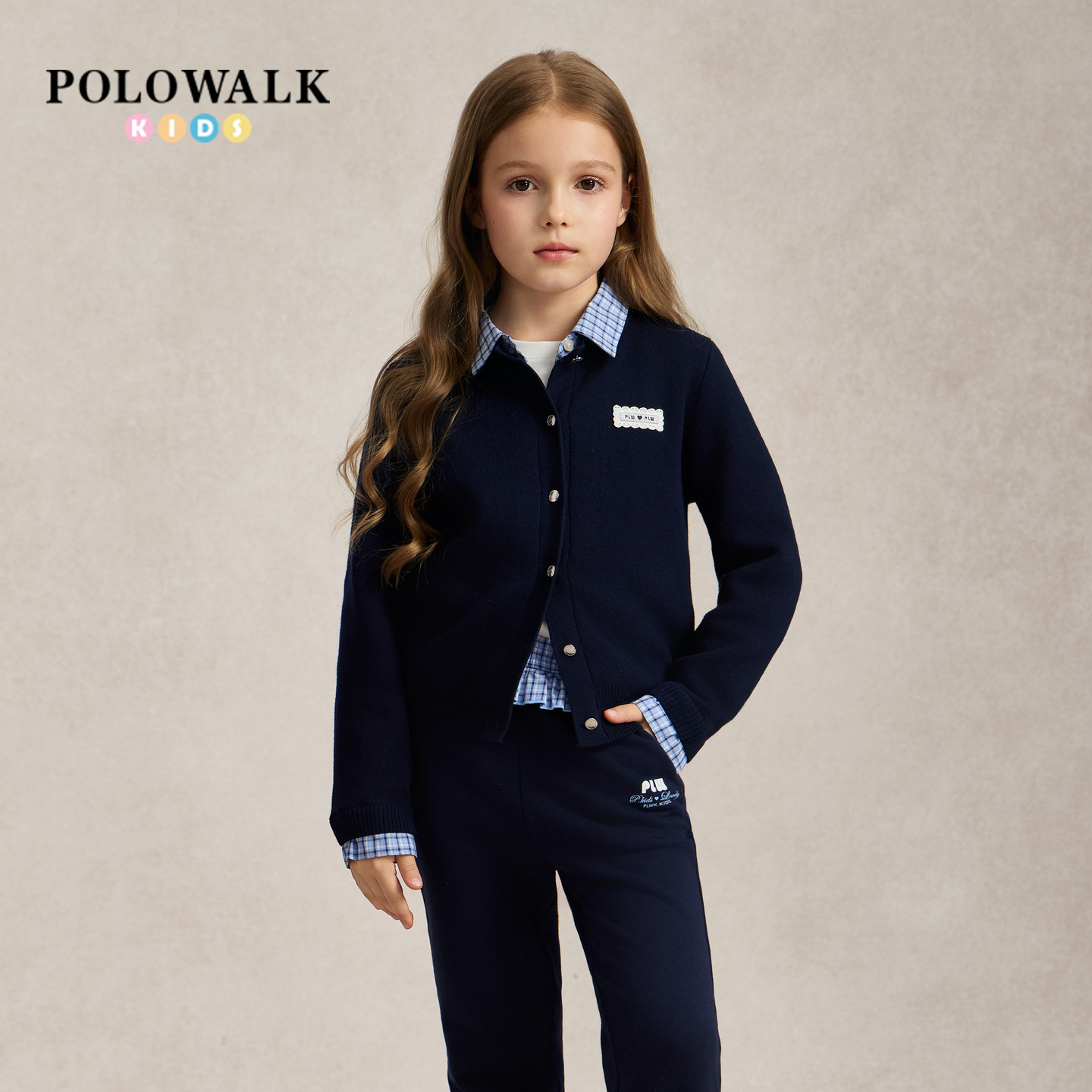 POLOWALK童装女童针织衫2026秋季新品翻领纽扣格纹衬衫拼接开衫图片