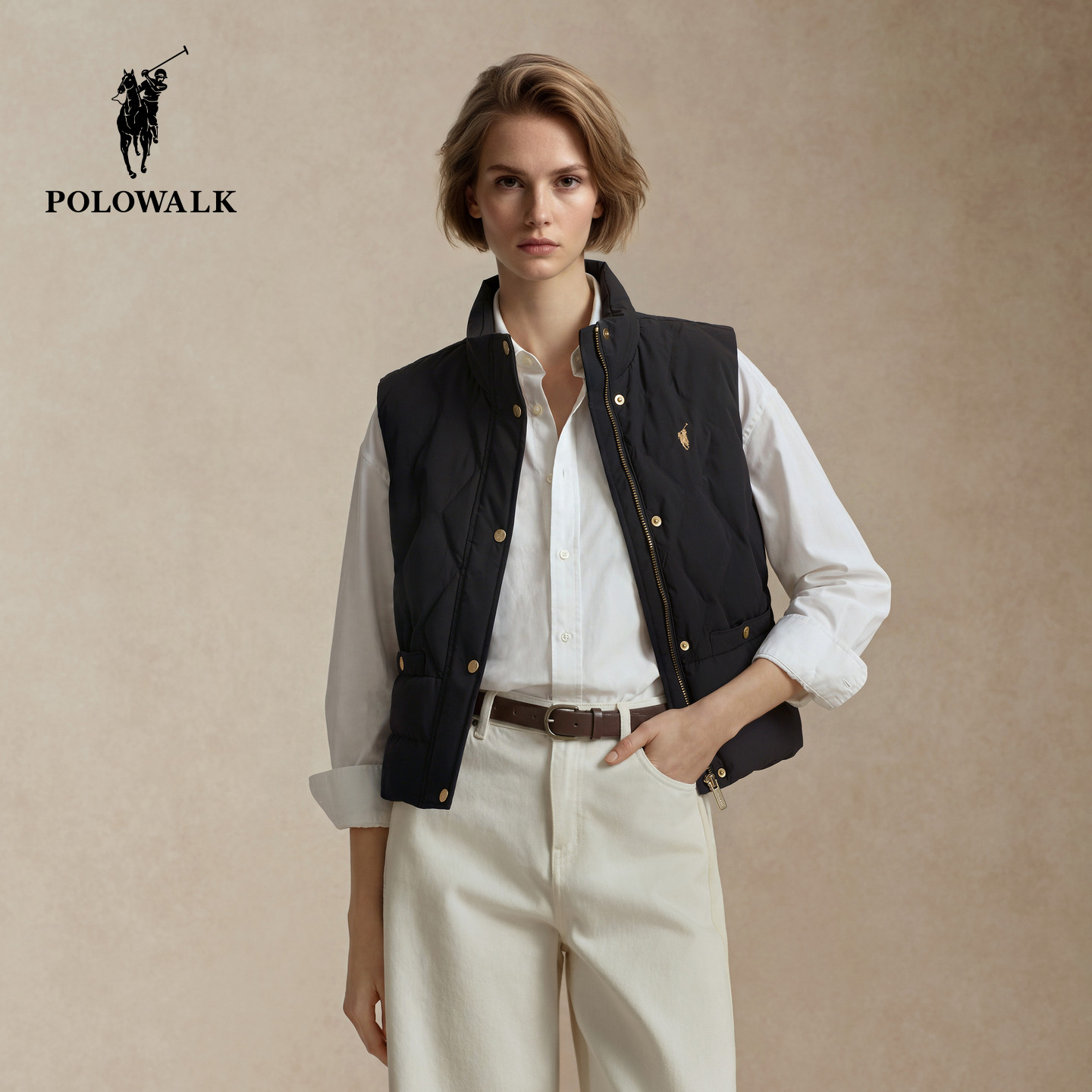 POLOWALK女式羽绒马夹2026冬季新品菱格衔缝90鸭绒立领保暖背心