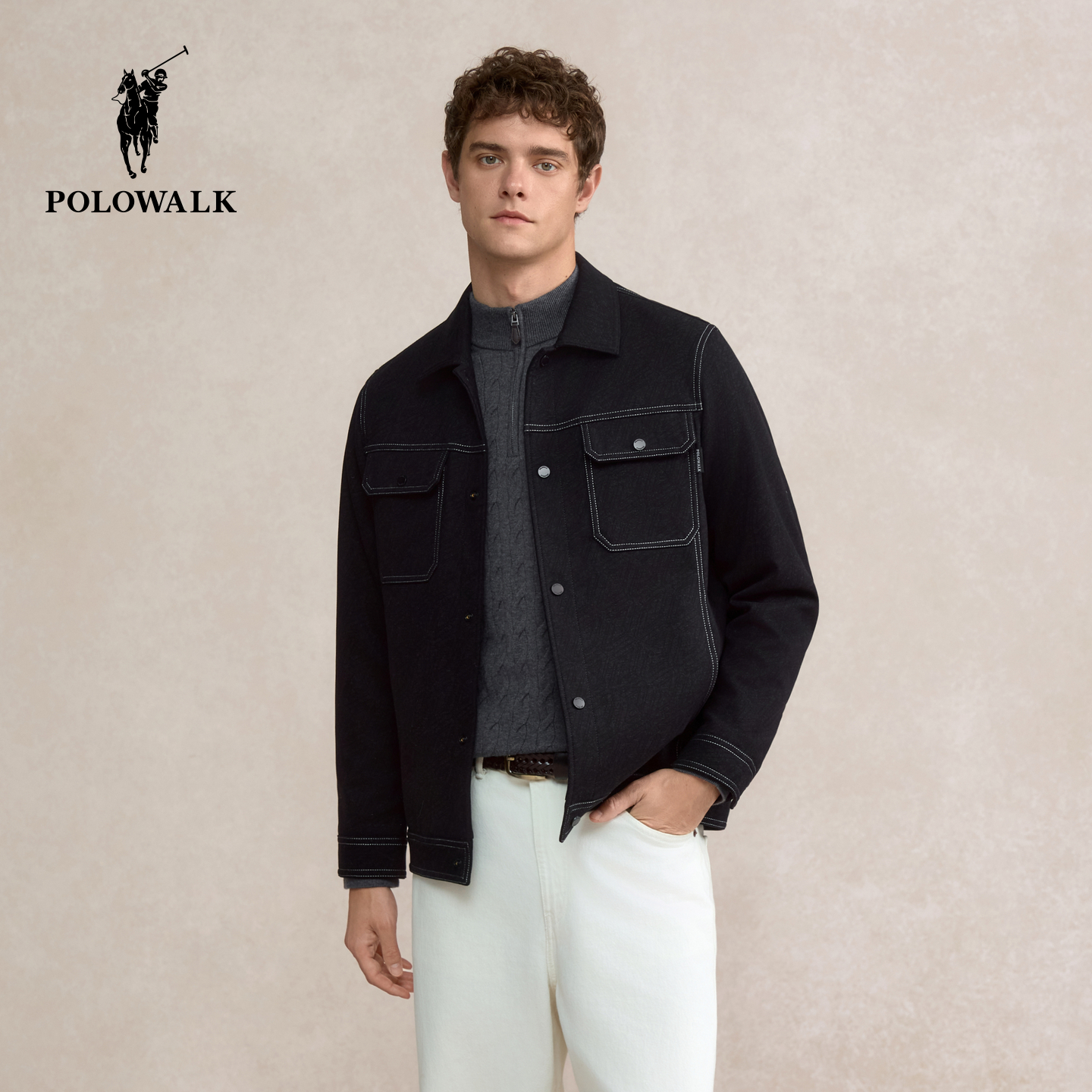 POLOWALK男装外套2025秋季新品时尚潮流翻领休闲通勤男式夹克外套