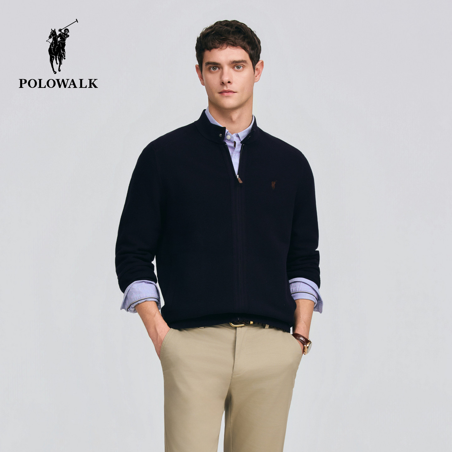 POLOWALK男式针织衫2026春季新品男装棒球领商务休闲拉链针织开衫
