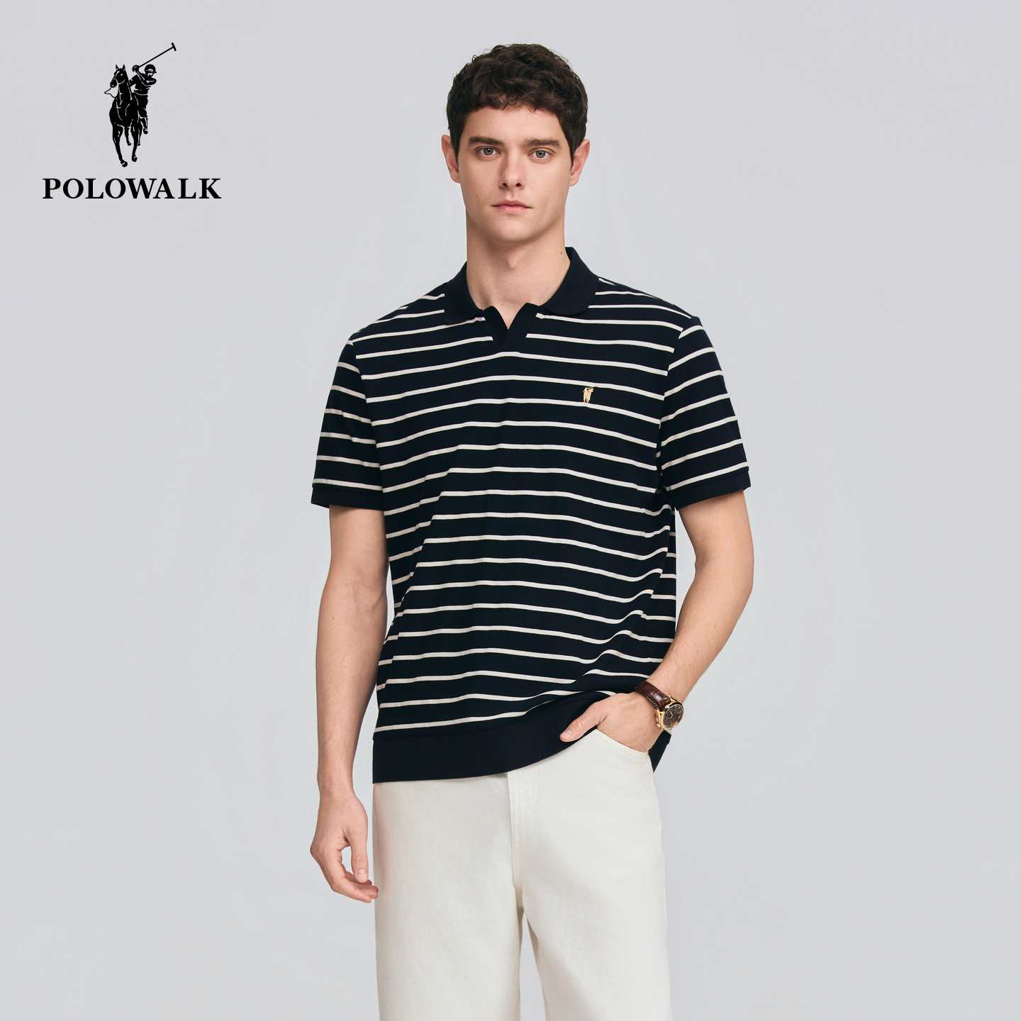 POLOWALK男式短袖POLO衫2026夏季新品V领条纹短袖POLO衫套头上衣