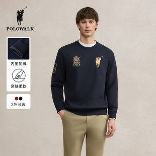 POLOWALK男式卫衣2025冬季新品时尚刺绣美式休闲加绒圆领套头上衣