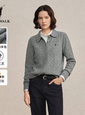 【100%绵羊毛】POLOWALK女装2025冬季新品女式羊毛衫翻领绞花针织