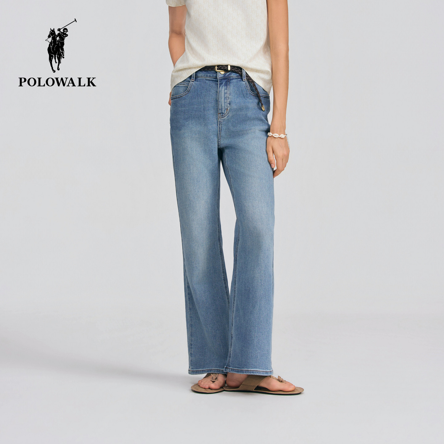 POLOWALK女式牛仔裤2026春夏裤新品女装经典微喇显瘦通勤牛仔长裤