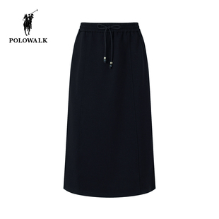 POLOWALK女式半裙2025秋冬新品女装直筒通勤休闲松紧腰开叉半身裙