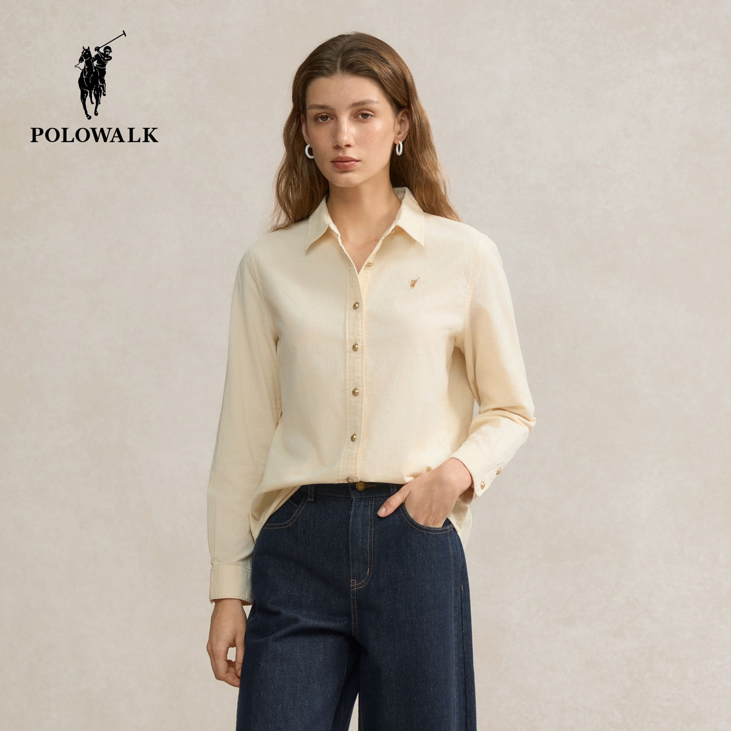POLOWALK女式长袖衬衫2026春季新品休闲100%棉开衫外套