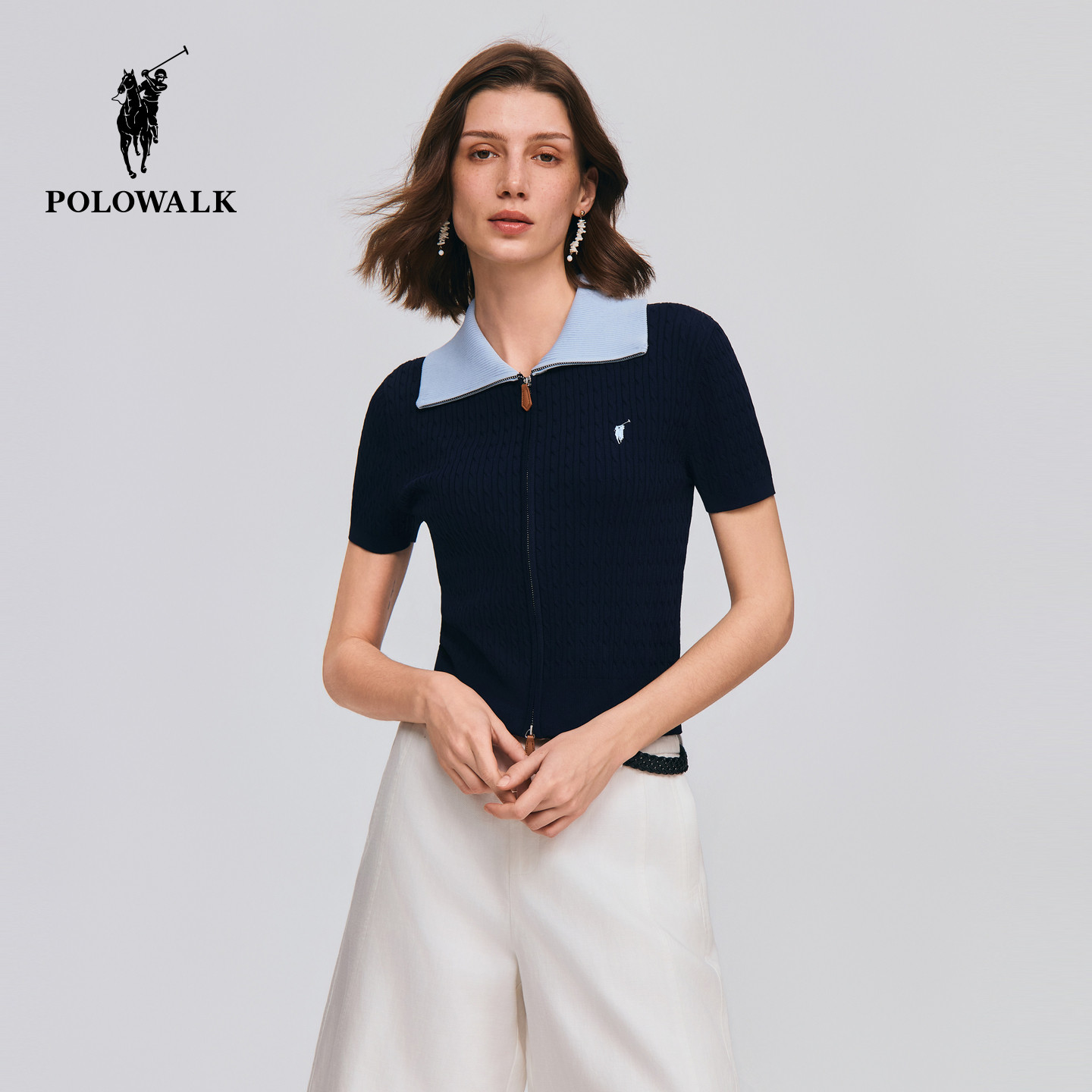 POLOWALK女式短袖针织衫2026夏季新品撞色翻领修身显瘦绞花针织衫