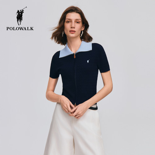POLOWALK女式短袖针织衫2026夏季新品撞色翻领修身显瘦绞花针织衫