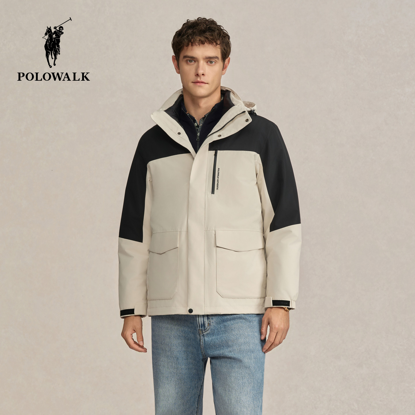 POLOWALK男式羽绒服2026冬季新品撞色连帽工装风时尚保暖拉链外套