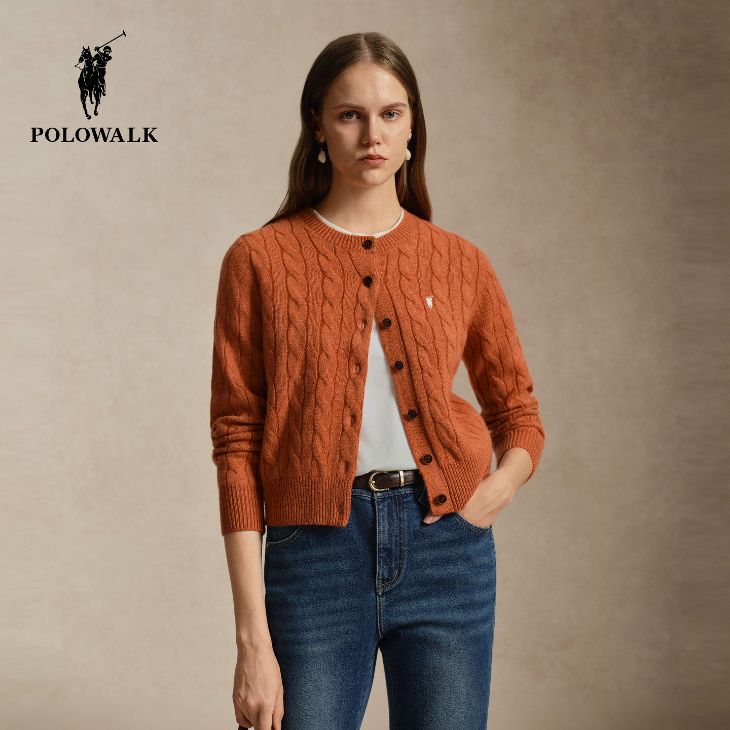 【100%绵羊毛】POLOWALK女式羊毛衫2026冬季新品复古通勤绞花开衫