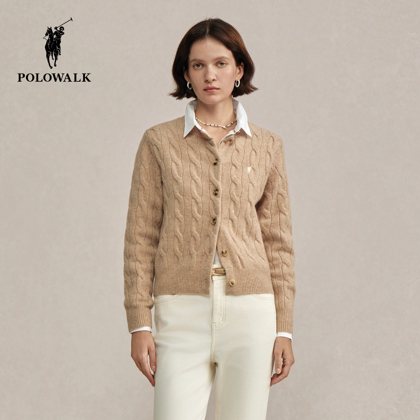 POLOWALK女式羊毛衫2025冬季新品轻奢风圆领绞花显瘦羊毛衫外套女