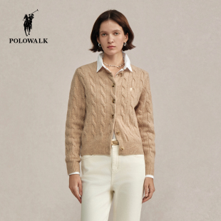 POLOWALK女式羊毛衫2025冬季新品轻奢风圆领绞花显瘦羊毛衫外套女