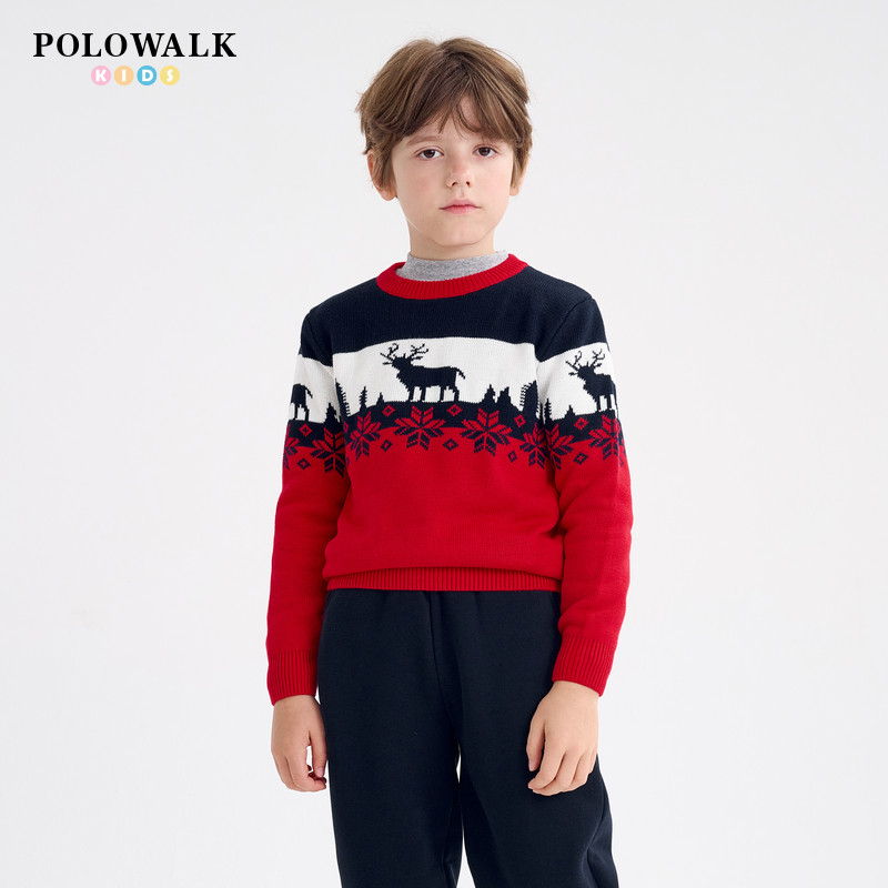 POLOWALK童装毛衣男秋冬新款儿童毛衫卡通圆领新年红色打底衫