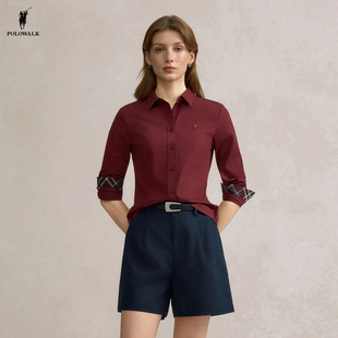 【100%棉】POLOWALK女装2026春季新品女式长袖翻领修身轻薄衬衣女