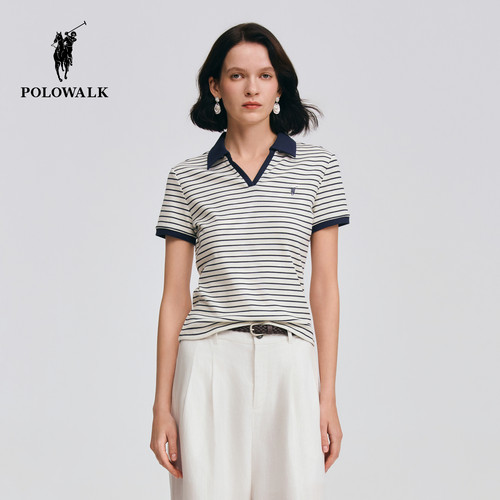 POLOWALK剪刀领撞色条纹短袖