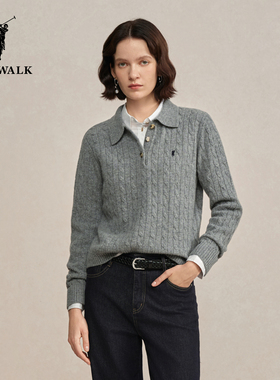 【100%绵羊毛】POLOWALK女装2025冬季新品女式羊毛衫翻领绞花针织