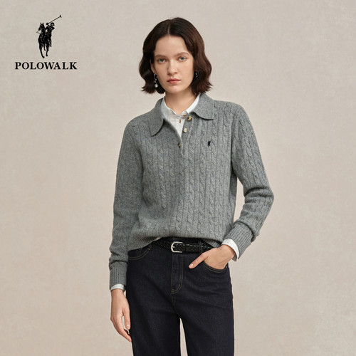 【100%绵羊毛】POLOWALK女装2025冬季新品女式羊毛衫翻领绞花针织