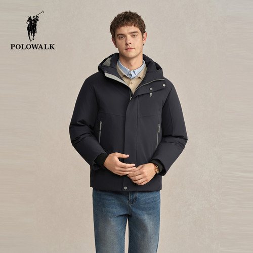 POLOWALK男式羽绒服2026冬季新品90鸭绒撞色抽绳连帽羽绒服外套