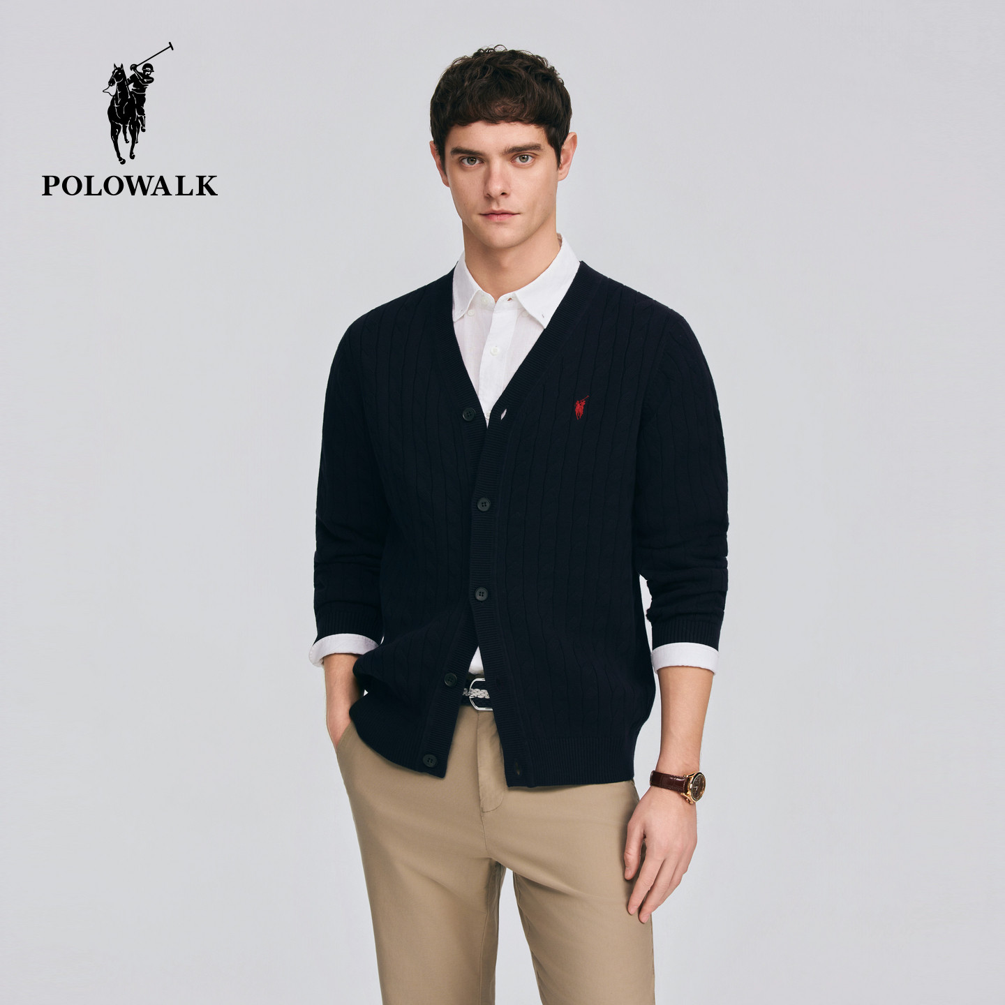 POLOWALK男式针织衫2026春季新品男装V领绞花针织开衫休闲上衣