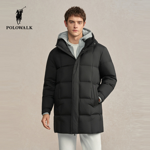 POLOWALK男式羽绒服2025冬季新品90鸭绒中长款连帽保暖羽绒服外套