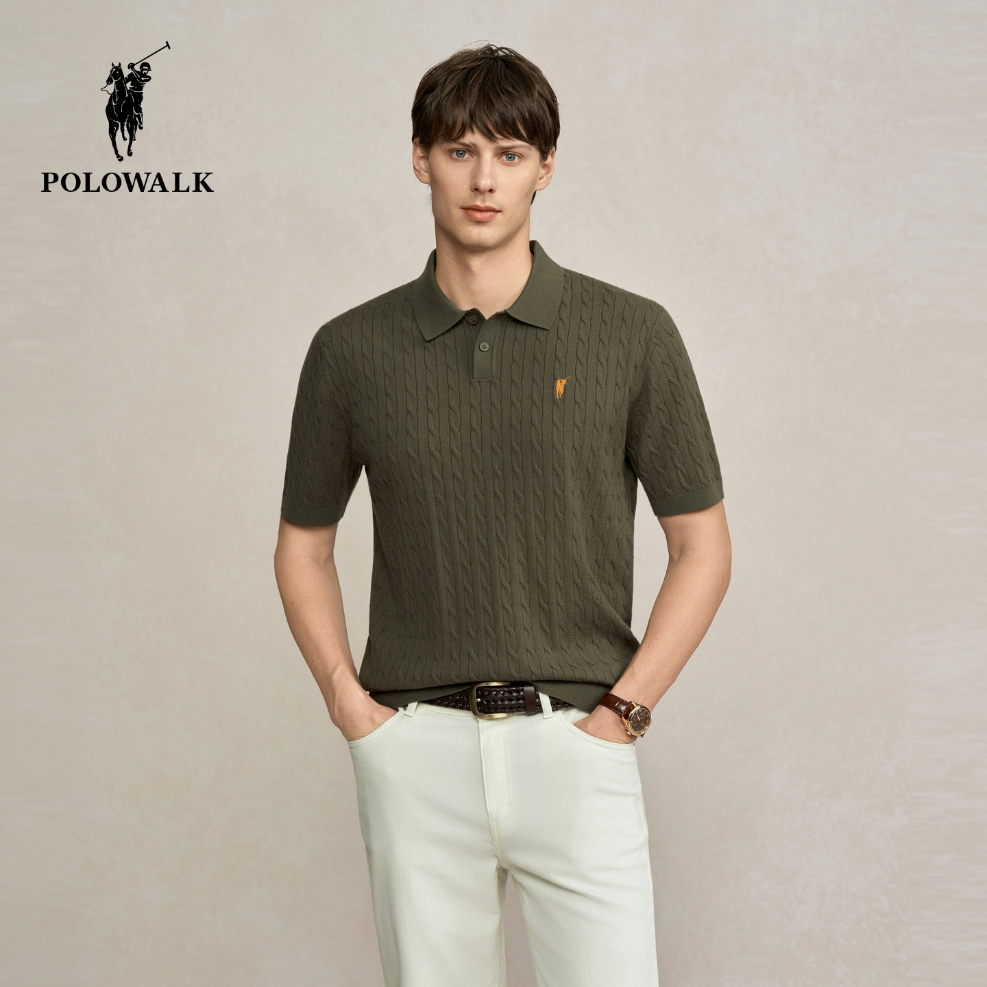 POLOWALK男式短袖针织衫2026春季新品绞花翻领显瘦套头上衣百搭男
