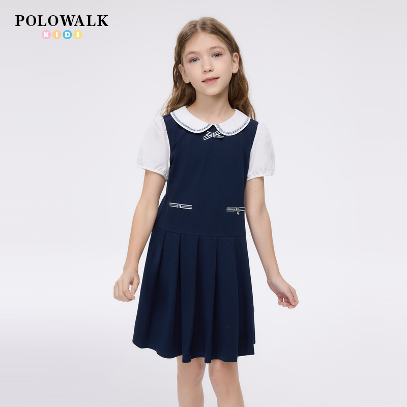 【莫代尔】POLOWALK童装女童连衣裙2025夏季撞色娃娃领短袖长裙