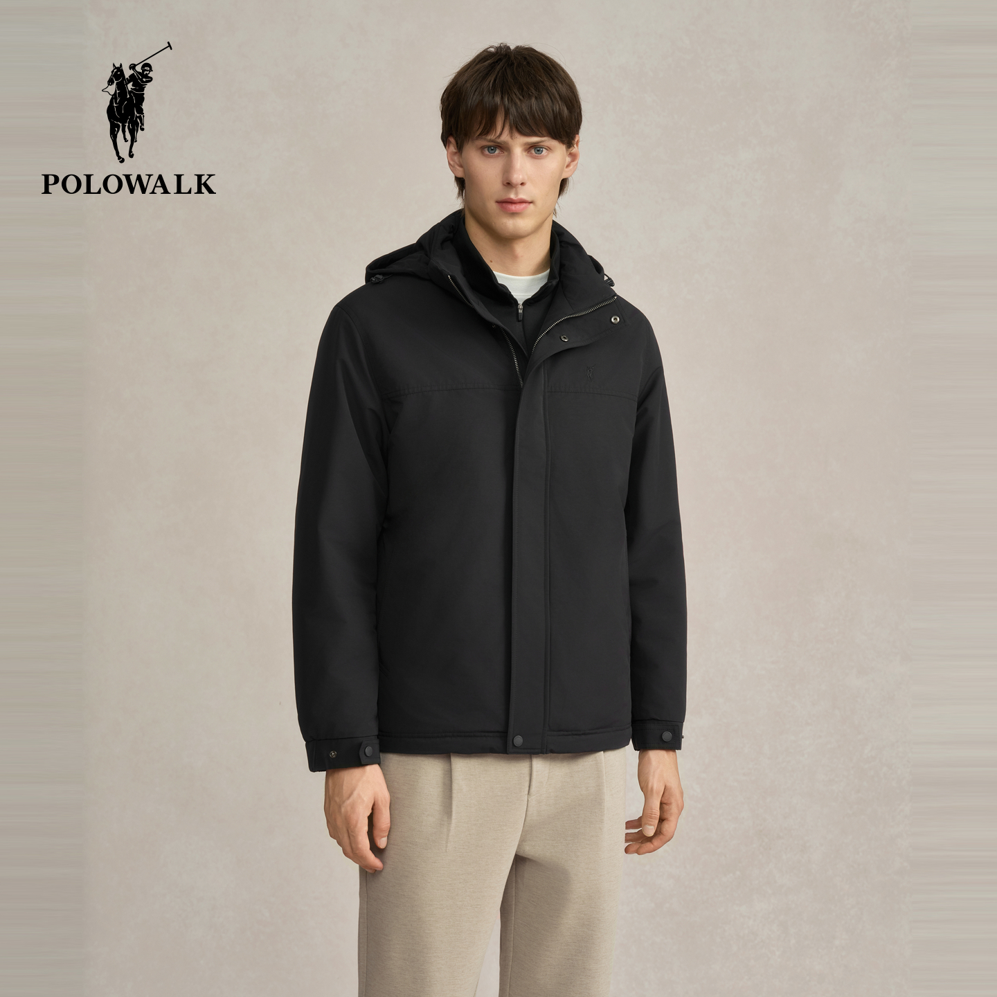 POLOWALK男式夹克2025冬季新品简约百搭立领夹棉直筒连帽外套男