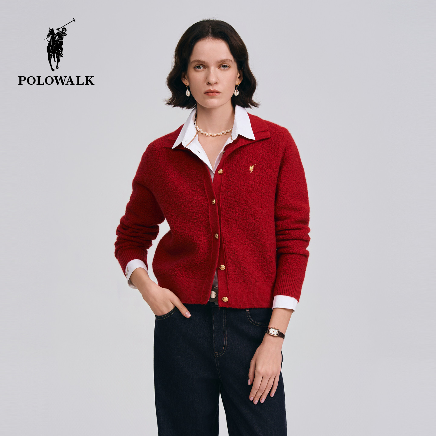 【红色款】POLOWALK女装2026春季新品女式长袖针织衫红色开衫毛衣