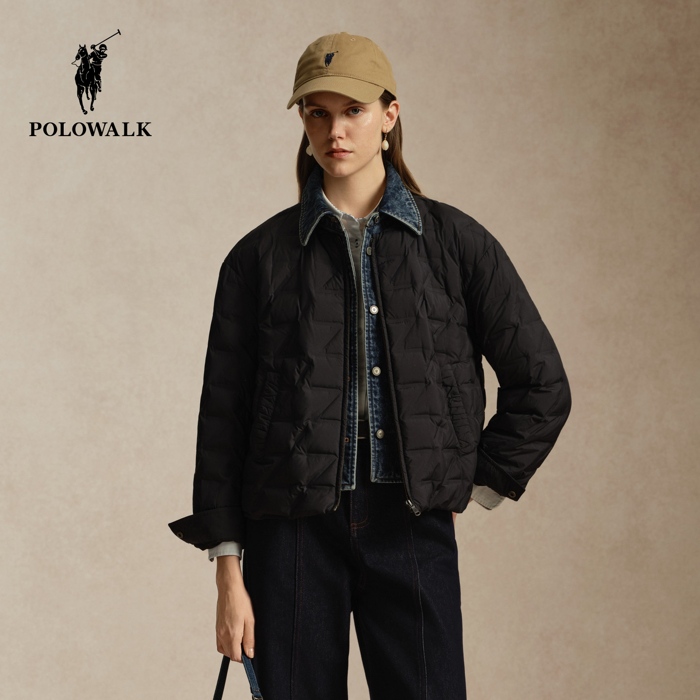 POLOWALK女式羽绒服2026冬季新品90鸭绒撞色牛仔翻领轻薄短外套