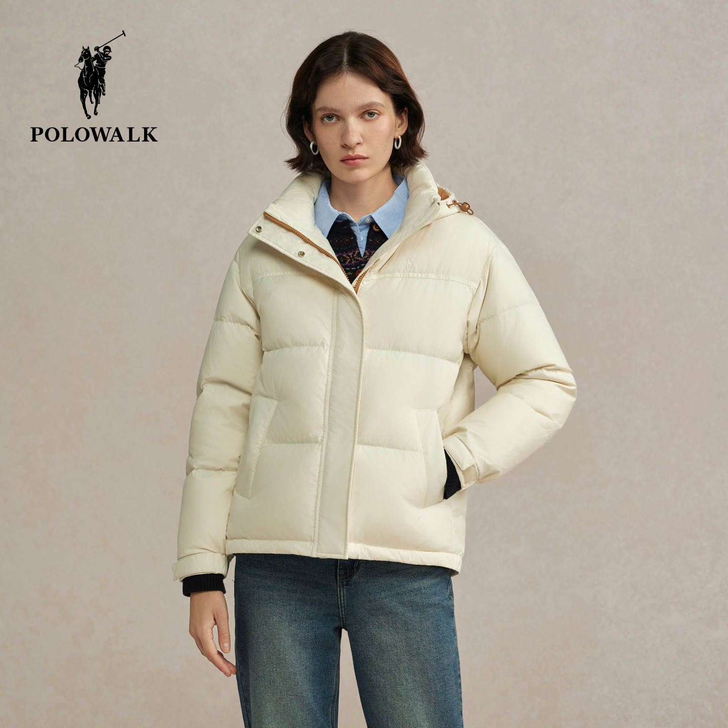 POLOWALK女式羽绒服2026冬季新品连帽短款保暖纯色90鸭绒拉链外套