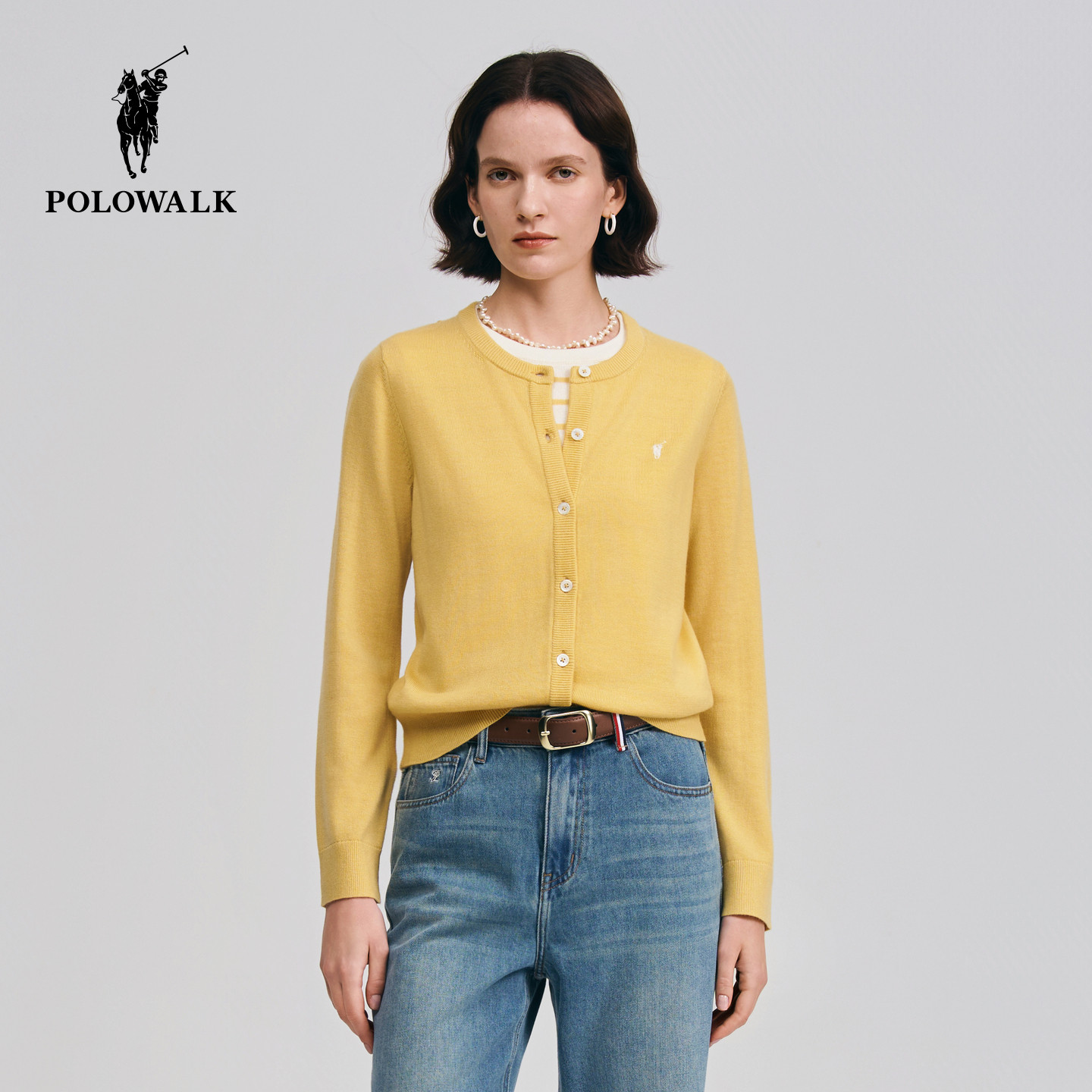 【含绵羊毛】POLOWALK女式长袖针织衫2026春季新品假两件