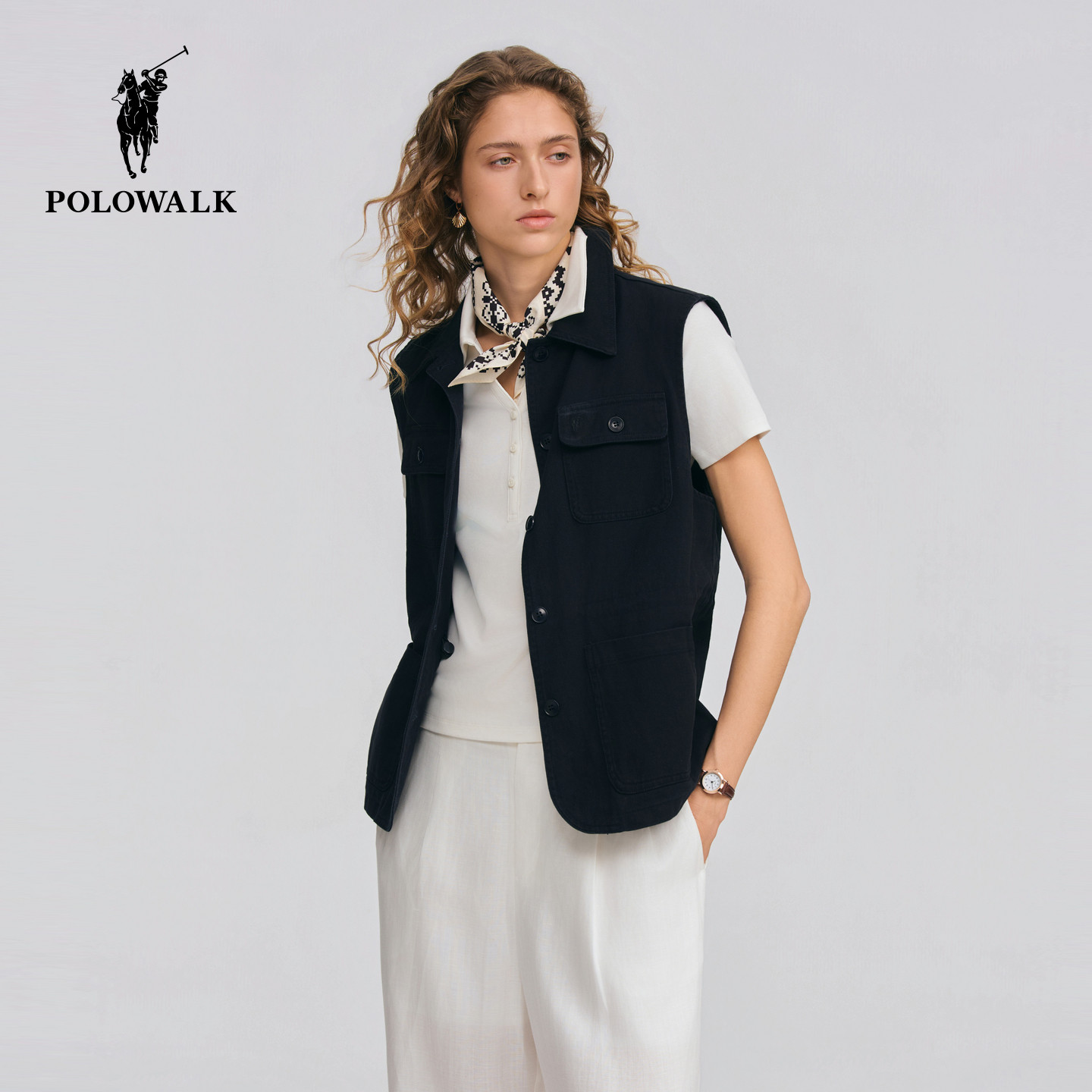 POLOWALK女式马甲2026秋季新品女装简约翻领收腰显瘦休闲马甲外套