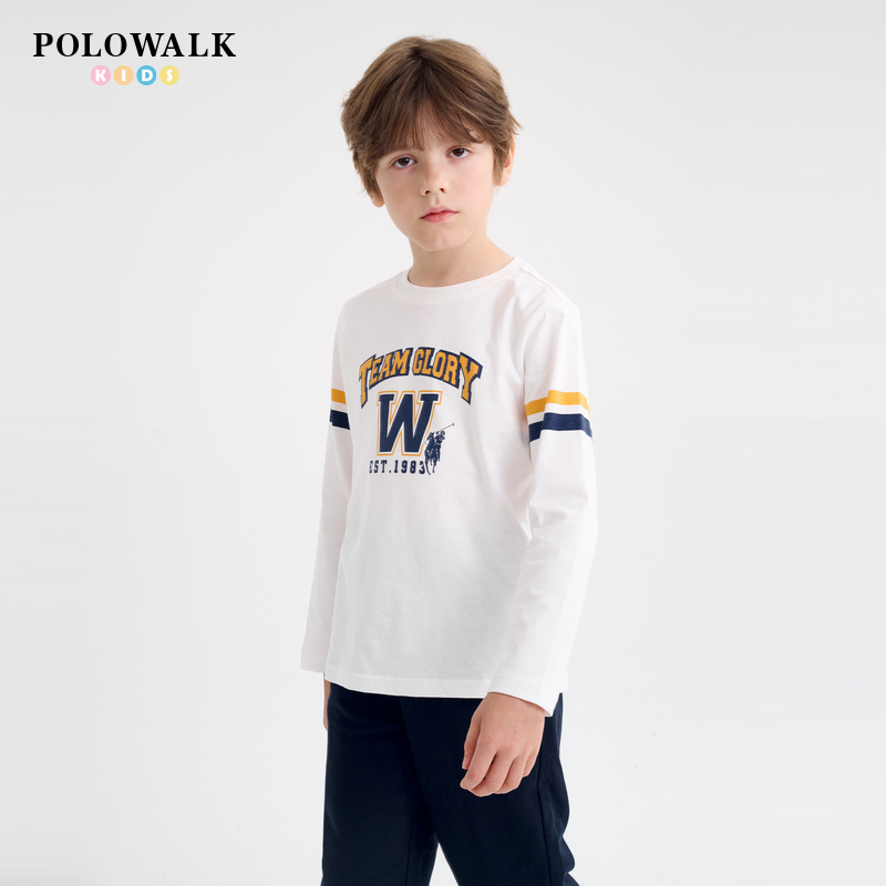 POLOWALK新品春秋新款男童圆领纯棉舒适白色长袖上衣男T恤