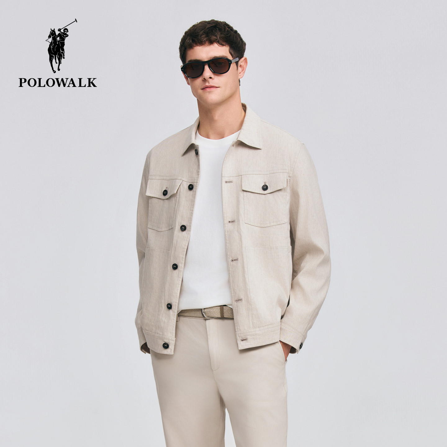 POLOWALK男式外套2026春季新品亚麻混纺翻领工装风休闲夹克外套