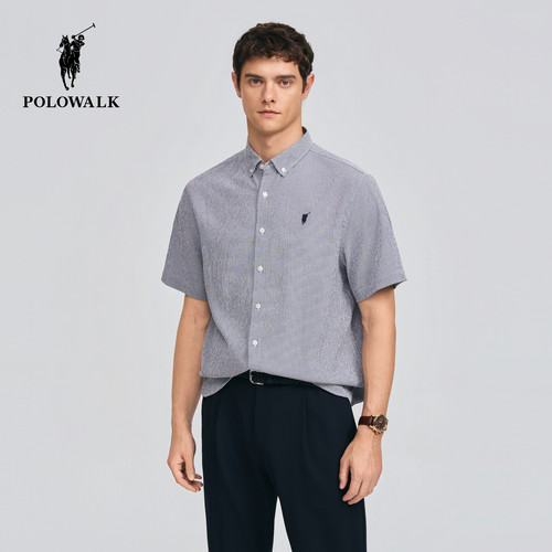 POLOWALK纽扣领格纹短袖衬衫