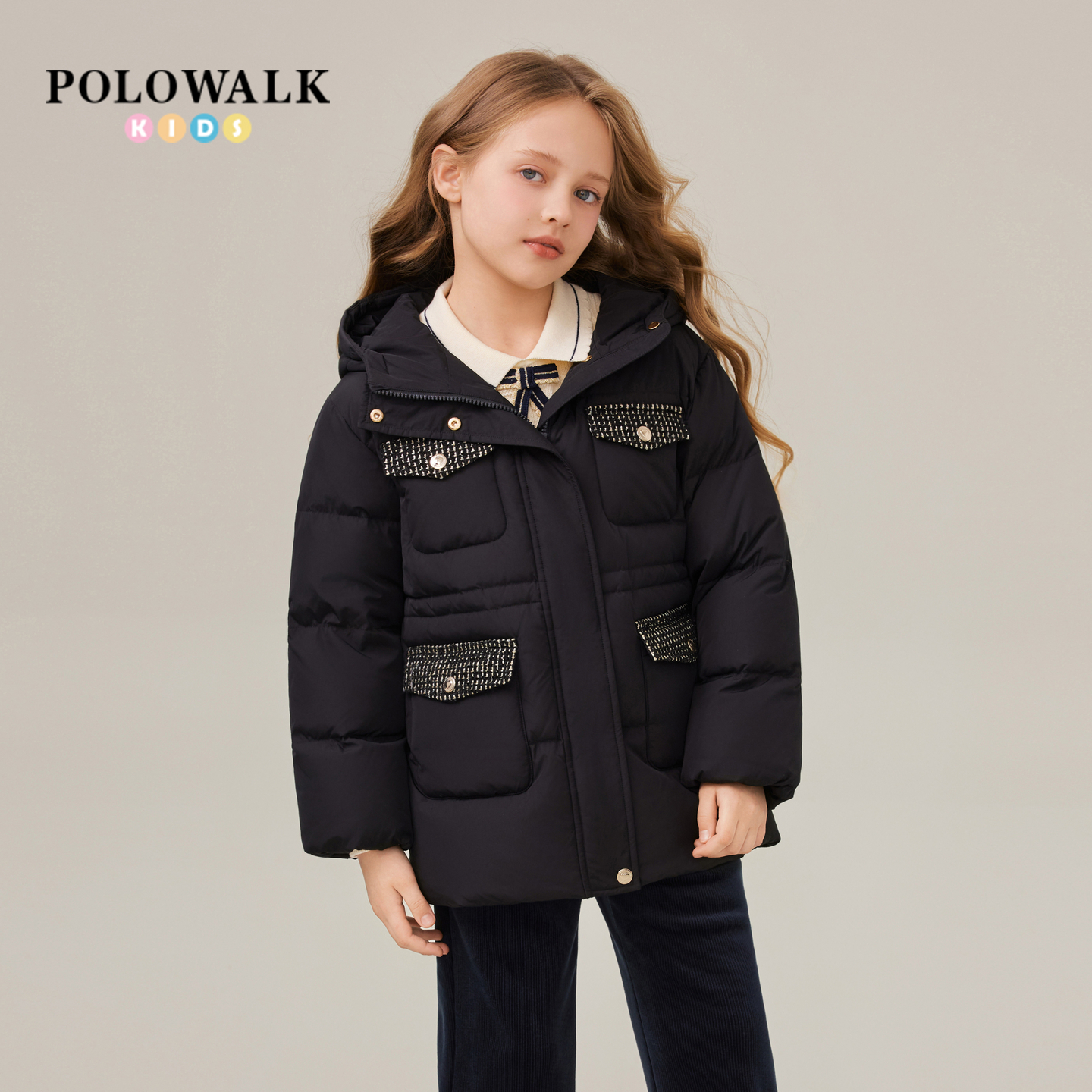 POLOWALK童装女童羽绒服2025冬季新品小香风连帽90鸭绒羽绒外套