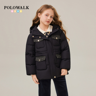 POLOWALK童装女童羽绒服2025冬季新品小香风连帽90鸭绒羽绒外套