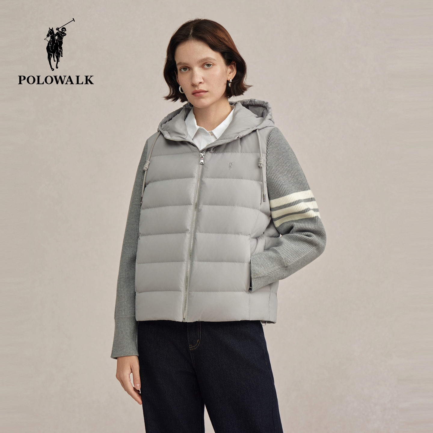 POLOWALK女式羽绒服2025冬季新品90鸭绒针织拼接休闲连帽羽绒外套