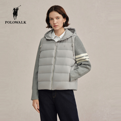 POLOWALK女式羽绒服2025冬季新品90鸭绒针织拼接休闲连帽羽绒外套