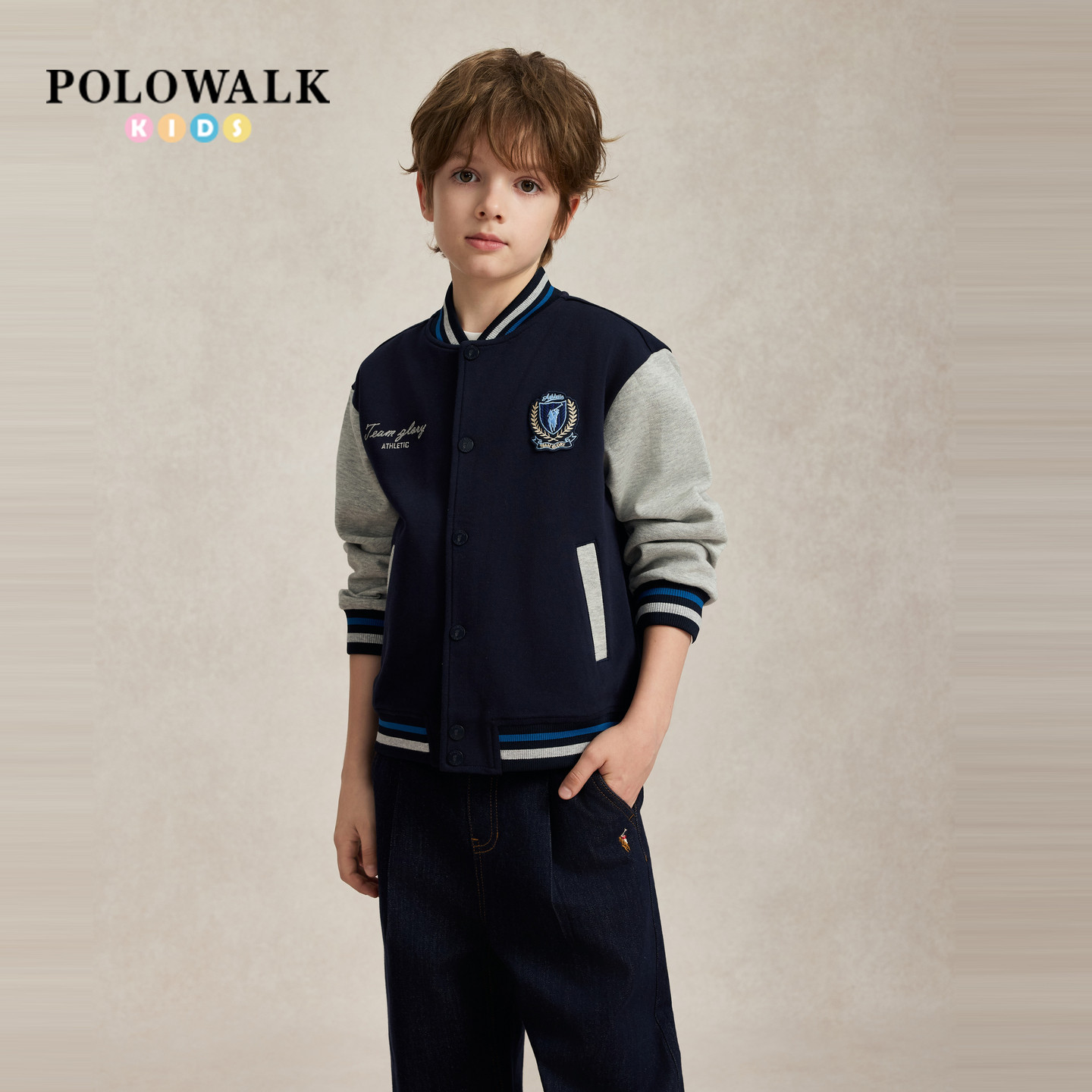 POLOWALK男童外套2026秋季新品撞色拼接美式时尚字母刺绣棒球服