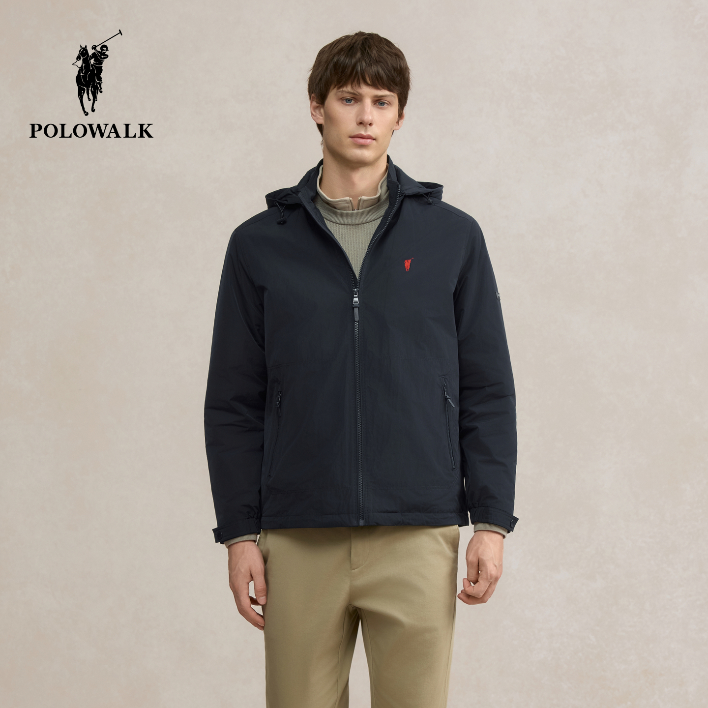 POLOWALK男式夹克2025冬季新品简约连帽休闲户外通勤薄棉外套男