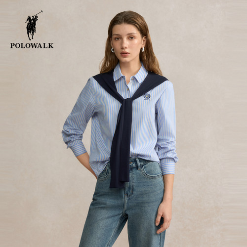 POLOWALK女式长袖衬衫2025秋季新品条纹翻领开衫上衣披肩外套女款