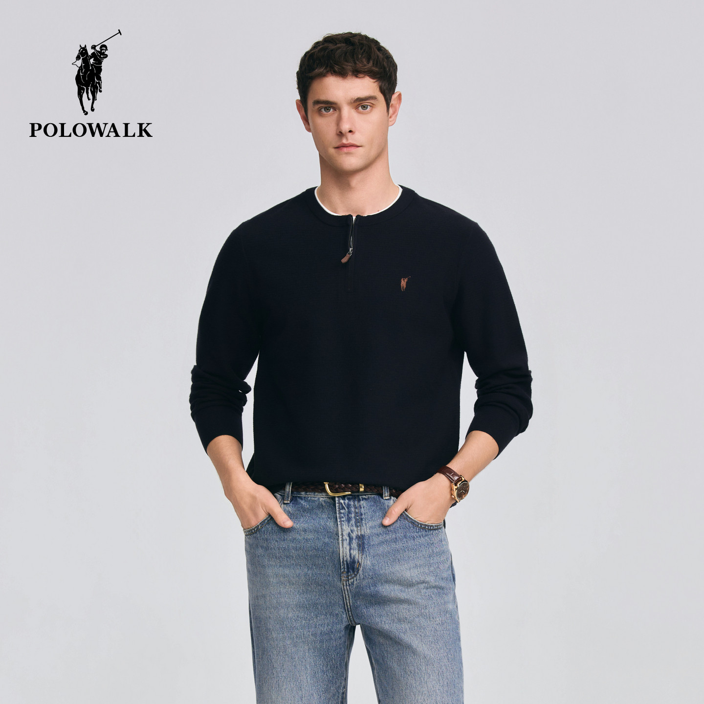 POLOWALK男式针织衫2026春季新品双层领假两件半拉链套头针织衫