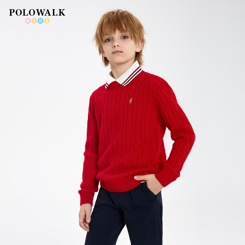 POLOWALK童装男童圆领羊毛衫秋冬新款女童百搭新年红色绞花针织衫,童装/婴儿装/亲子装,毛衣/针织衫,淘宝优惠券,粉丝福利购,淘宝优惠卷